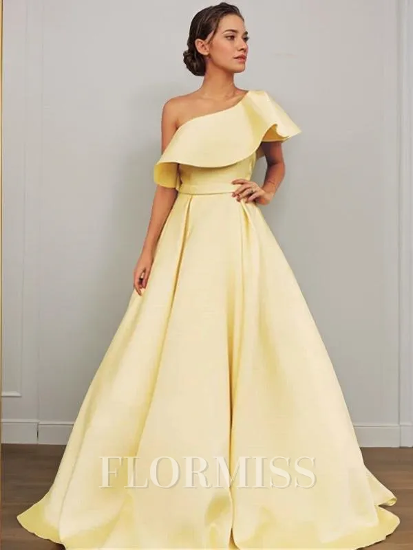 A-Line/Princess One-Shoulder Floor-Length Satin Prom Dress With Ruffles