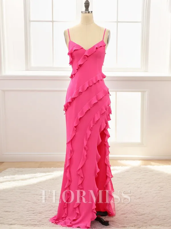 A-Line/Princess Spaghetti Straps Sweep Train Stretch Crepe Porm Dress with Leg Slit