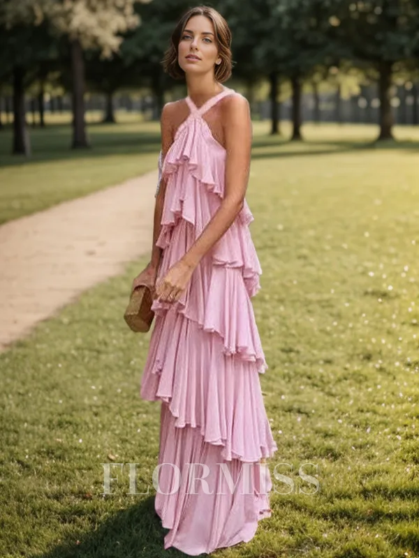 A-Line/Princess Straps Floor-Length Chiffon Porm Dress