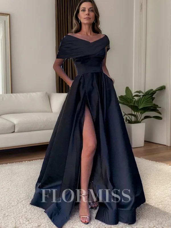 A-Line/Princess Off-the-Shoulder Floor-Length Satin Porm Dress with Leg Slit