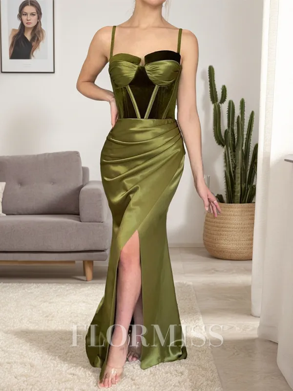 A-Line/Princess Straps Sweep Train Silk Like Satin Porm Dress with Leg Slit