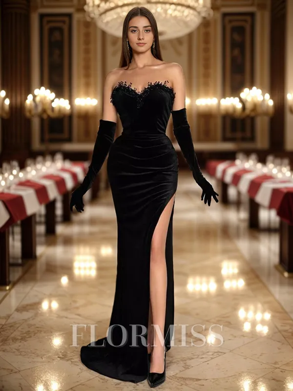 A-Line/Princess Sweetheart Sweep Train Velvet Porm Dress with Leg Slit