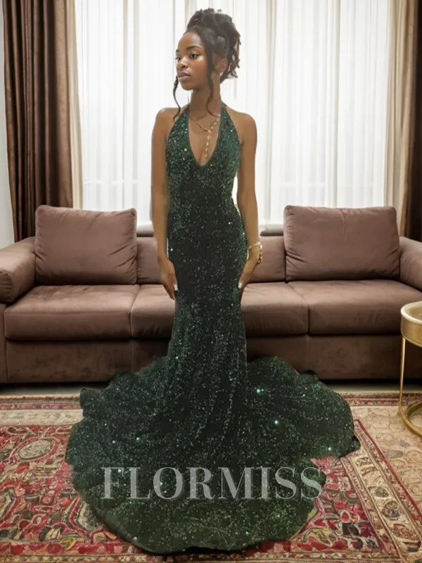 Trumpet/Mermaid V-neck Court Train Velvet Sequins Porm Dress