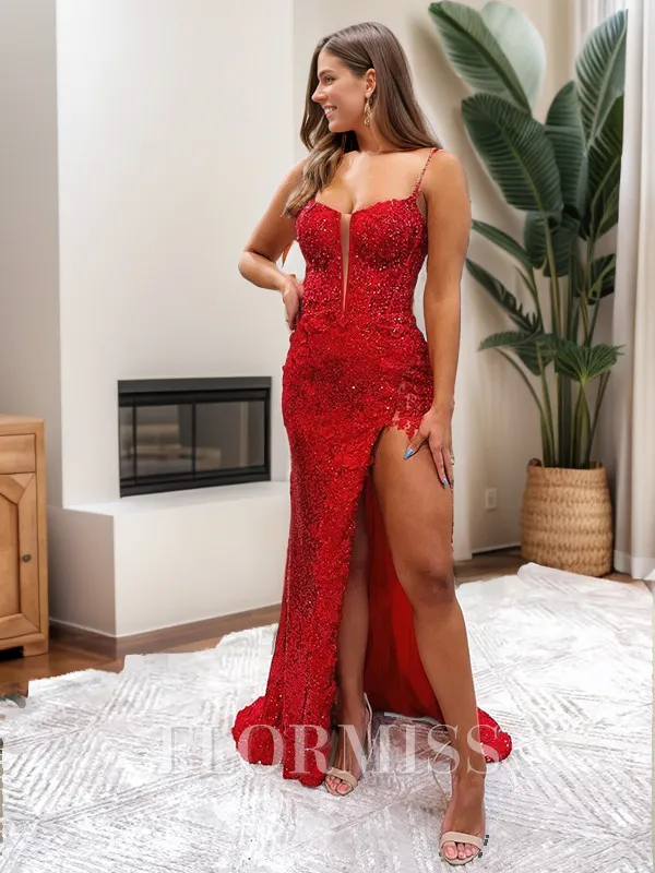 Sheath/Column Spaghetti Straps Sleeveless Sweep Train Sequins Scintillating Porm Dress