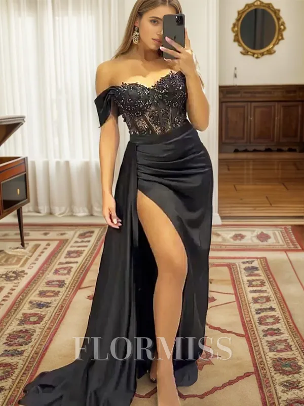 Sheath/Column Off-the-Shoulder Sweep Train Silk Like Satin Corset Porm Dress