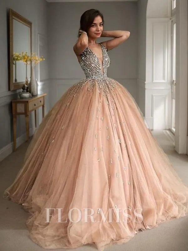 Ball Gown V-neck Floor-Length Tulle Prom Dress With Beading