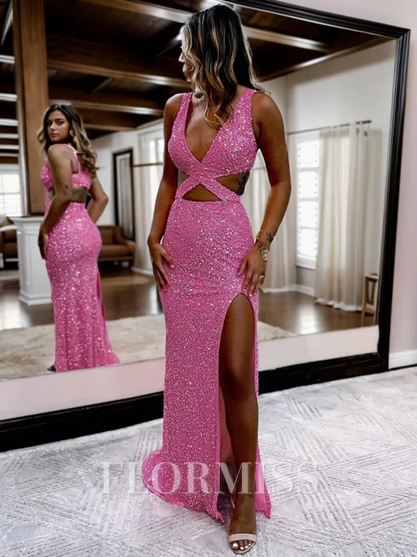 Sheath/Column Velvet Sequins V-neck Sleeveless Sweep Train Prom Porm Dress