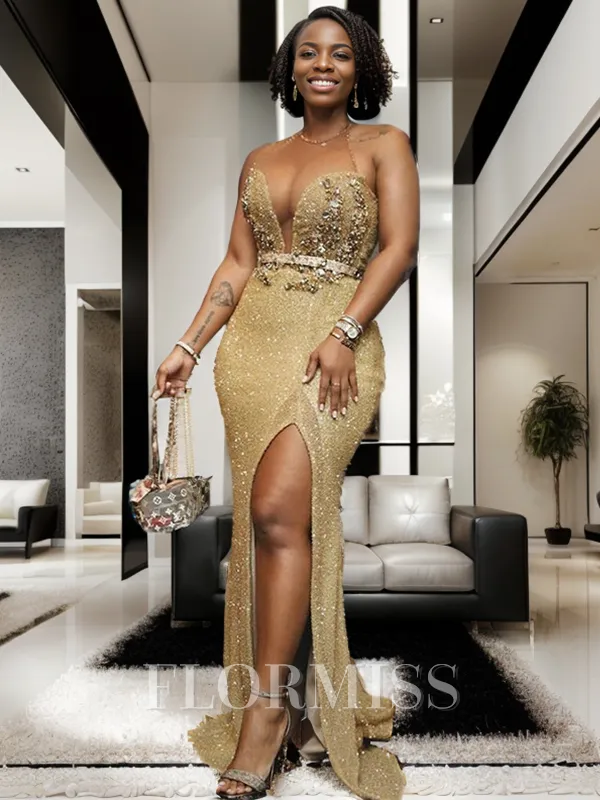 Sheath/Column Halter Sleeveless Sweep Train Prom Porm Dress With Slit