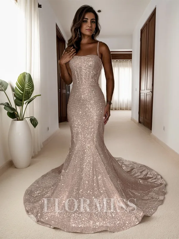 Sheath Spaghetti Straps Court Train Corset Porm Dress