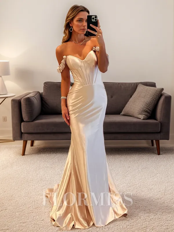 Sheath Off-the-Shoulder Flower Court Train Silk Like Satin Corset Porm Dress