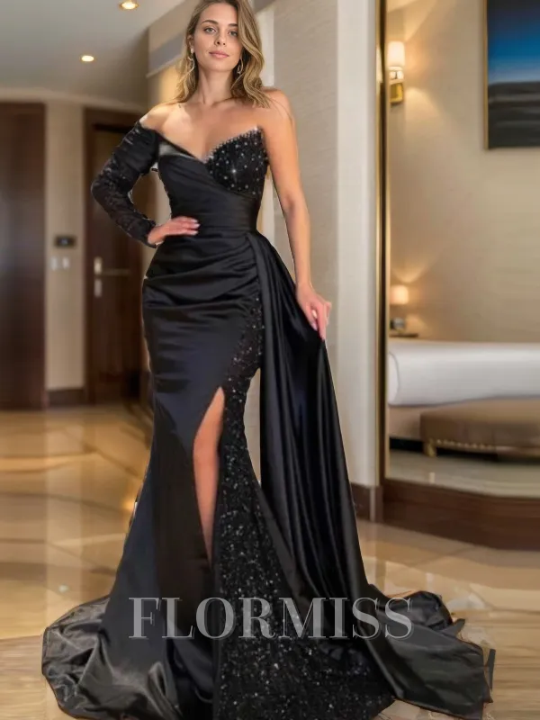 Sheath Sweetheart Long Sleeves Pleated Sweep Train Silk Like Satin Porm Dress