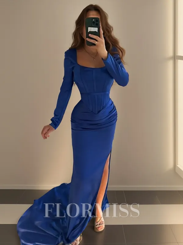 Sheath Square Long Sleeves Pleated Court Train Charmeuse Corset Porm Dress