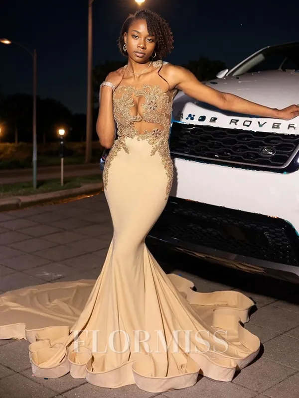 Mermaid Scoop Appliques Lace Chapel Train Jersey Porm Dress