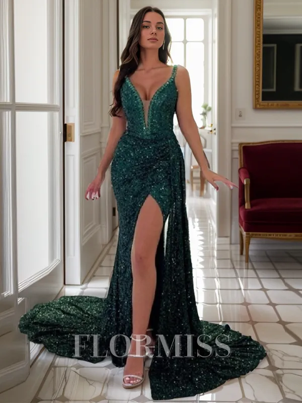 Sheath V-neck Court Train Velvet Sequins Porm Dress