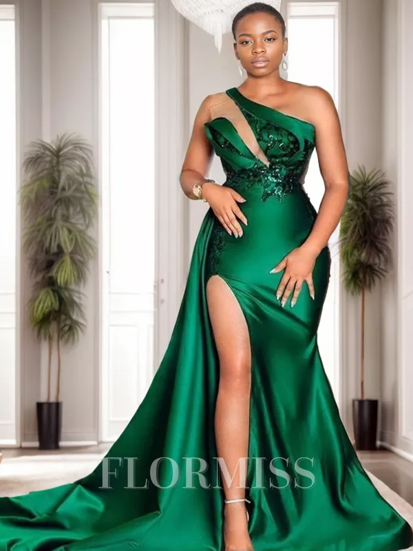 Sheath One-Shoulder Sequin Court Train Satin Porm Dress