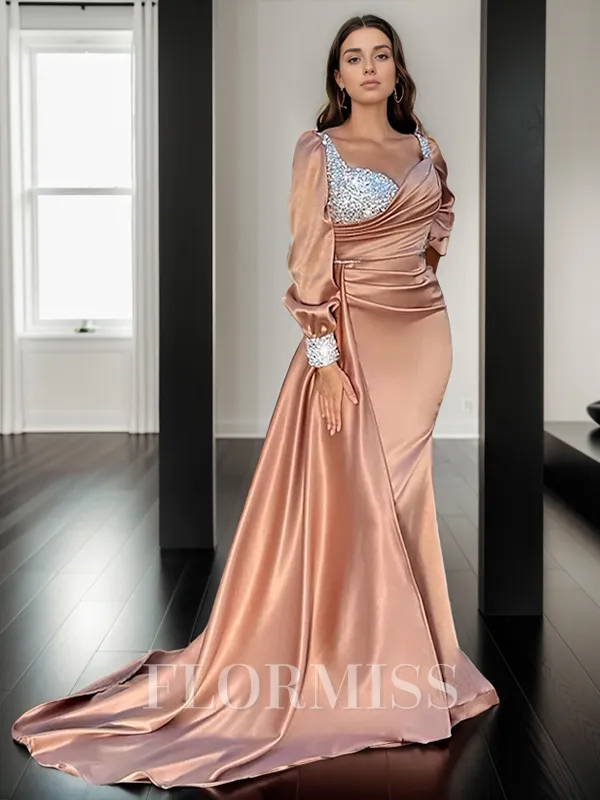 Sheath Sweetheart Long Sleeves Rhinestone Court Train Silk Like Satin Porm Dress