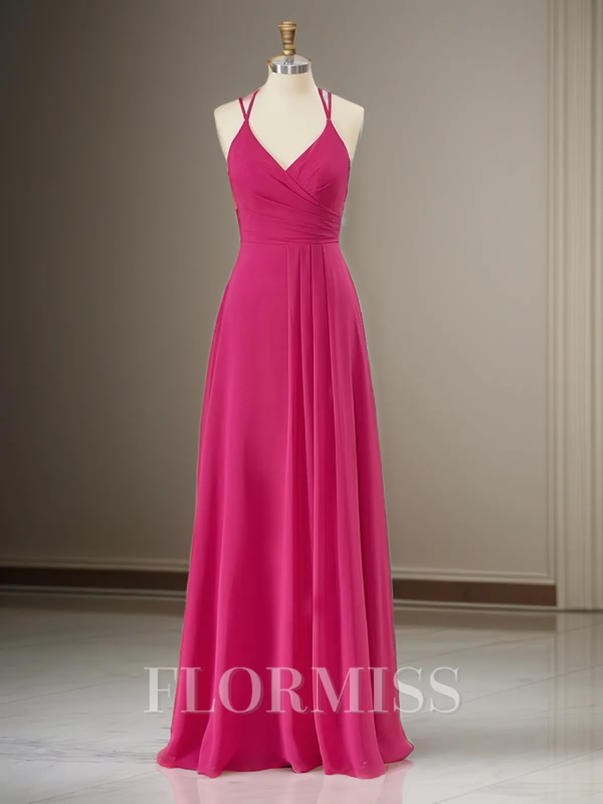 A-line Chiffon V-neck Pleated Floor-Length Porm Dress