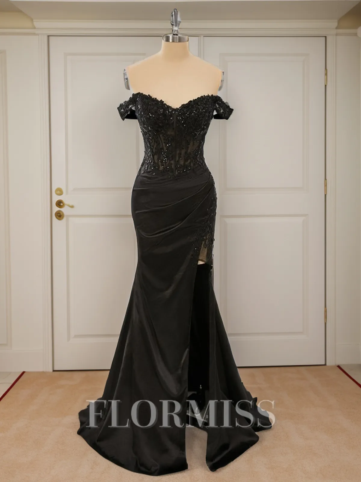 Sheath Silk Like Satin Off-the-Shoulder Appliques Lace Sweep Train Corset Porm Dress