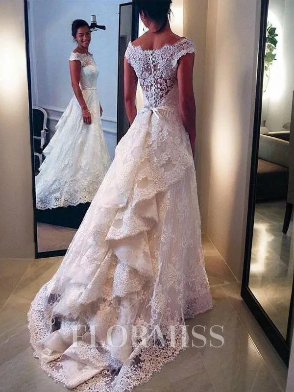 A-Line/Princess Scoop Sweep Train Lace Wedding Dresses With Belt/Sash