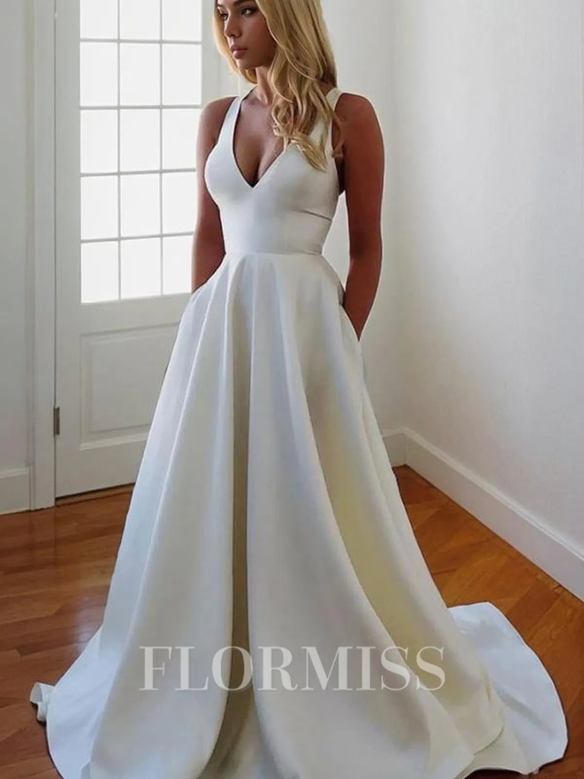 A-Line/Princess V-neck Sweep Train Stretch Crepe Wedding Dresses