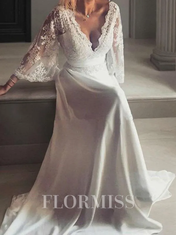 A-Line/Princess V-neck Court Train Lace Wedding Dresses With Belt/Sash