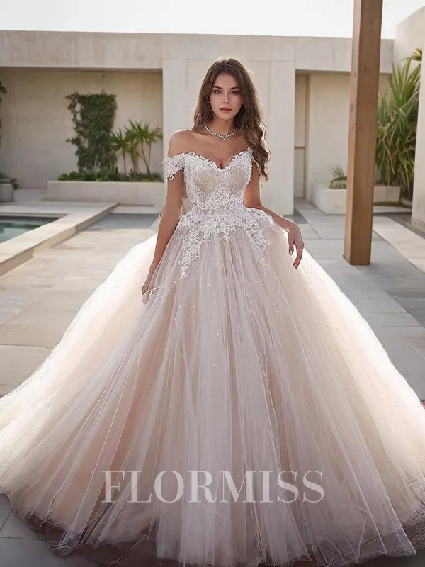 Ball Gown Off-the-Shoulder Floor-Length Tulle Wedding Dresses With Appliques Lace