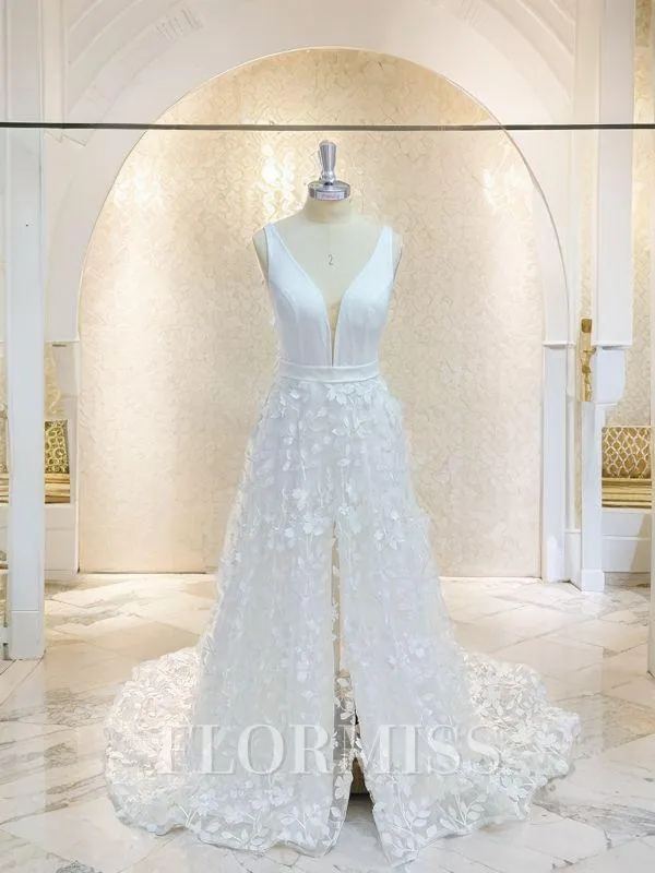 A-Line/Princess V-neck Sweep Train Stretch Crepe Wedding Dresses With Leg Slit