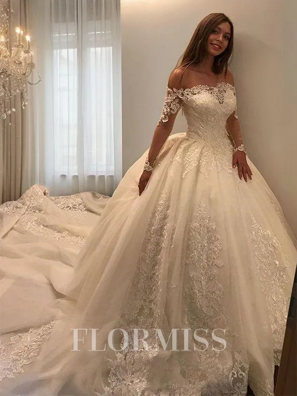 Ball Gown Off-the-Shoulder Cathedral Train Tulle Wedding Dresses With Appliques Lace