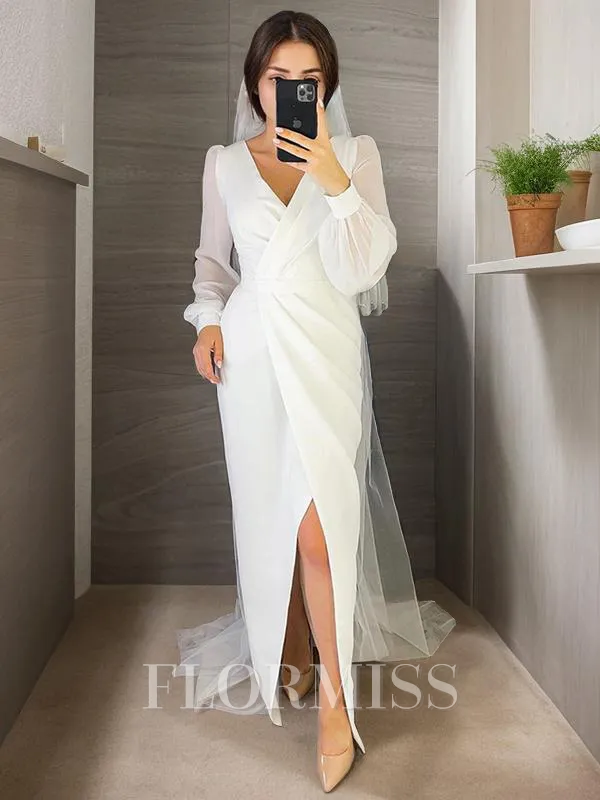 Sheath/Column V-neck Floor-Length Stretch Crepe Wedding Dresses