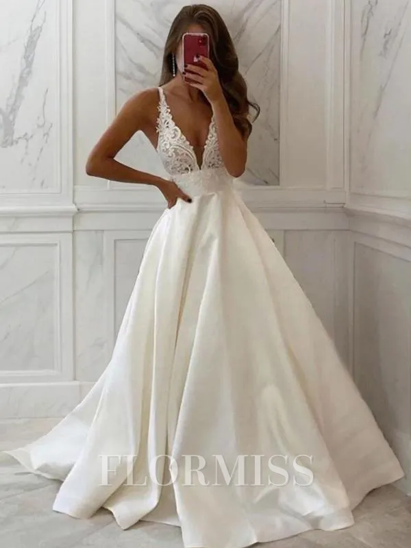 A-Line/Princess V-neck Chapel Train Satin Wedding Dresses