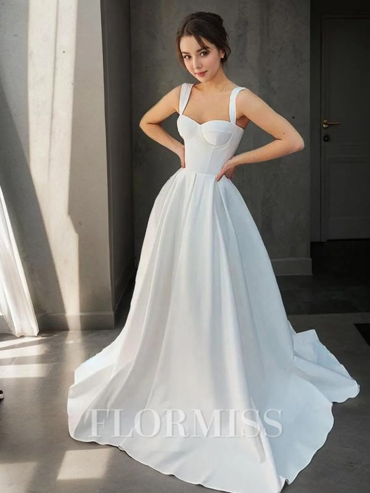 A-Line/Princess Straps Sweep Train Satin Wedding Dresses