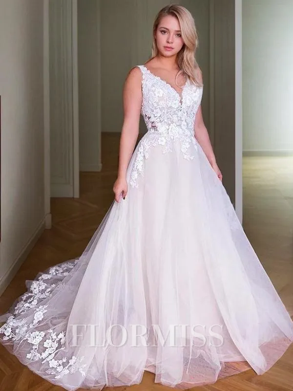 A-Line/Princess V-neck Sweep Train Lace Wedding Dresses With Appliques Lace