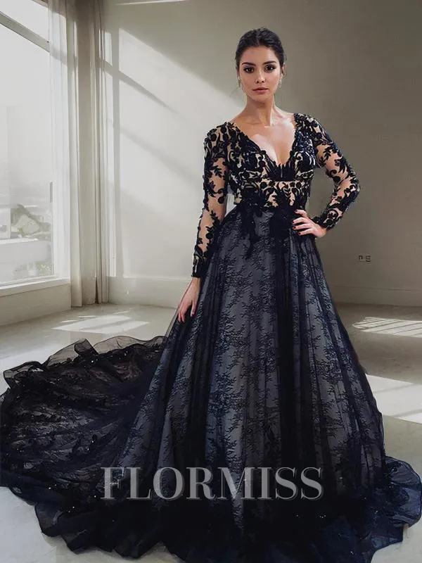 A-Line/Princess V-neck Court Train Lace Wedding Dresses With Appliques Lace