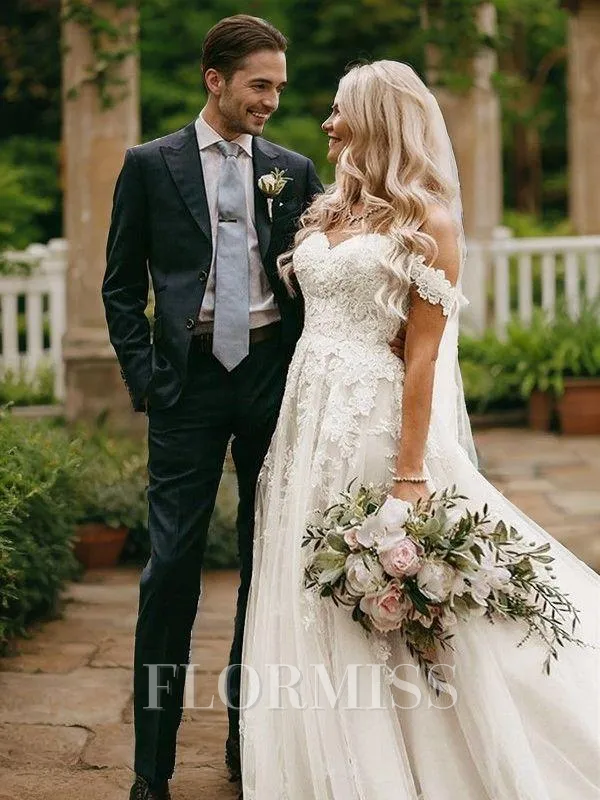 A-Line/Princess Off-the-Shoulder Sweep Train Tulle Wedding Dresses With Appliques Lace
