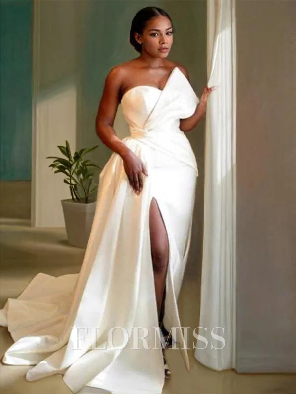 Sheath/Column Sweetheart Sweep Train Satin Wedding Dresses With Leg Slit