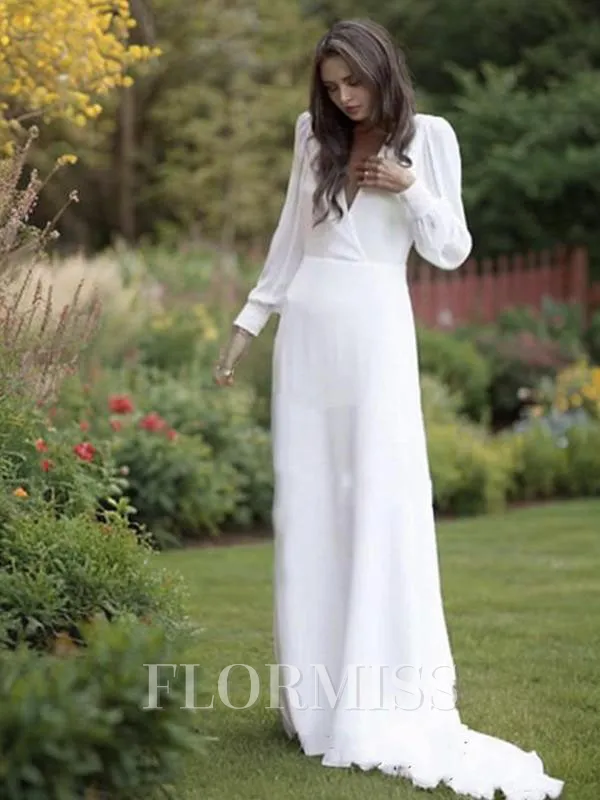 A-Line/Princess V-neck Sweep Train Chiffon Wedding Dresses