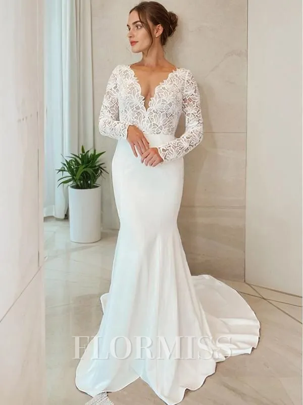 Sheath/Column V-neck Sweep Train Stretch Crepe Wedding Dresses
