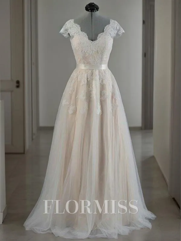 A-Line/Princess V-neck Floor-Length Lace Wedding Dresses With Appliques Lace