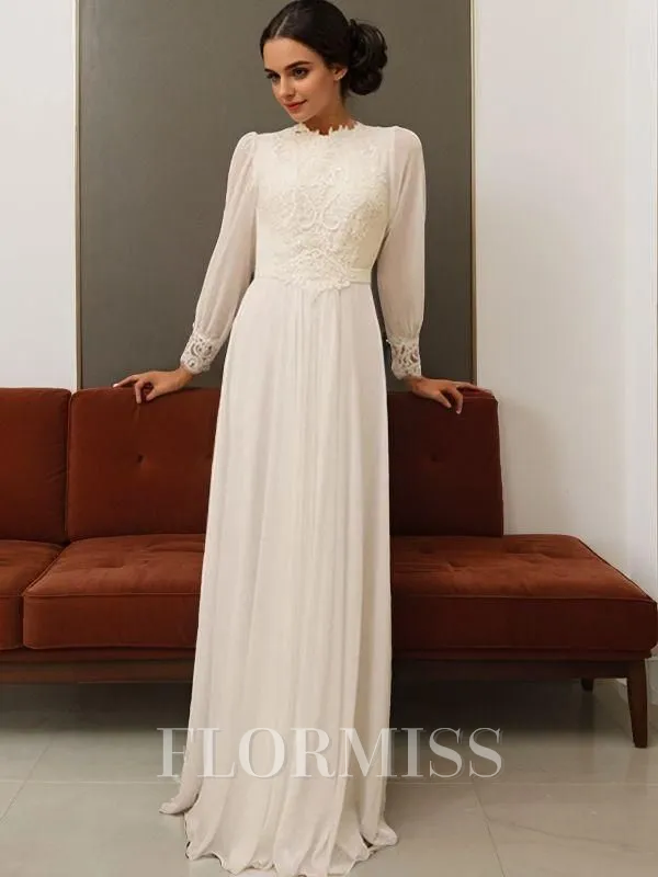 A-Line/Princess Jewel Floor-Length Chiffon Wedding Dresses