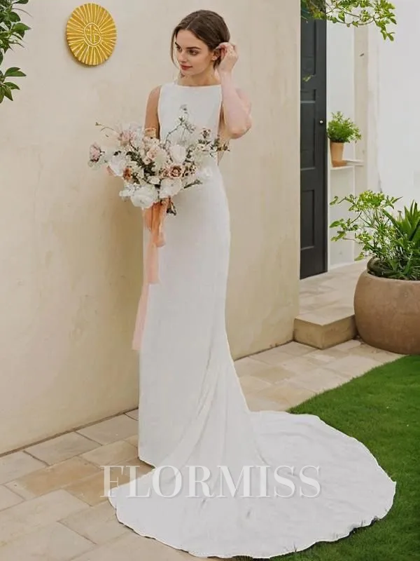Sheath/Column Jewel Court Train Stretch Crepe Wedding Dresses