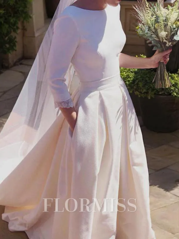 A-Line/Princess Scoop Sweep Train Stretch Crepe Wedding Dresses With Ruffles