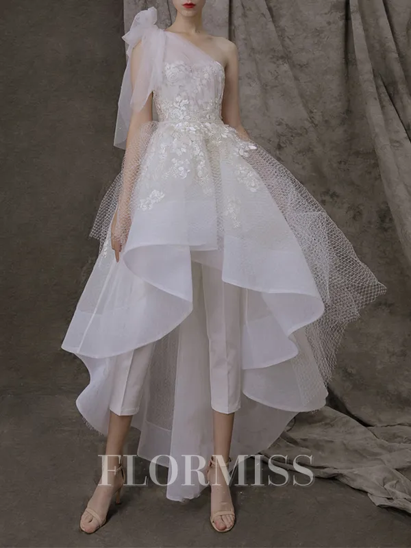 A-Line/Princess One-Shoulder Asymmetrical Tulle Wedding Dresses With Appliques Lace