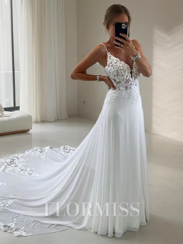 A-Line/Princess V-neck Chapel Train Chiffon Wedding Dresses With Appliques Lace