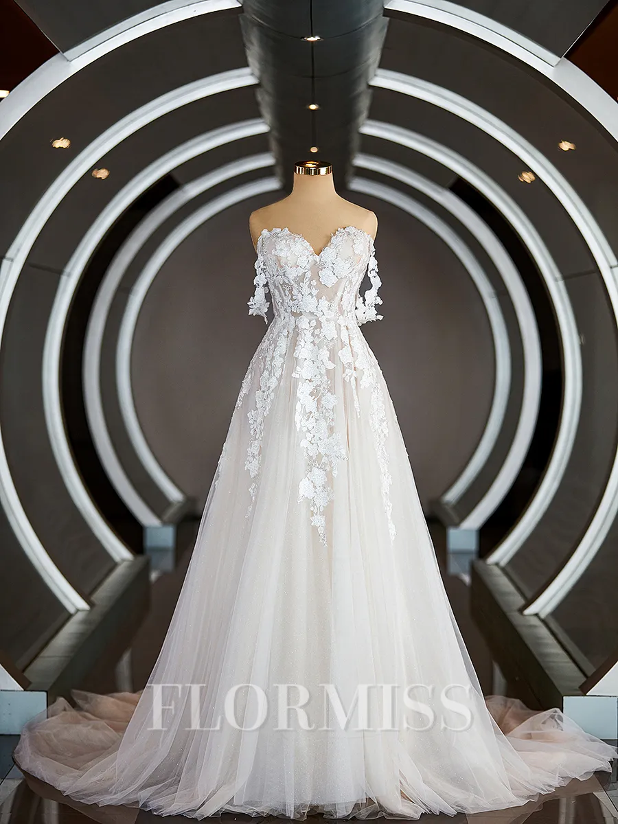 A-Line/Princess Off-the-Shoulder Chapel Train Tulle Wedding Dresses with Appliques Lace