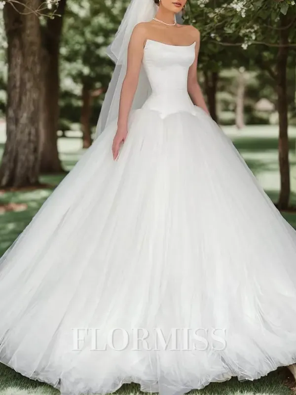 Ball Gown Straight Floor-Length Tulle Wedding Dress