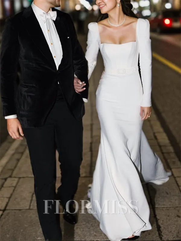 Sheath Square Long Sleeves Sweep Train Stretch Crepe Corset Wedding Dress