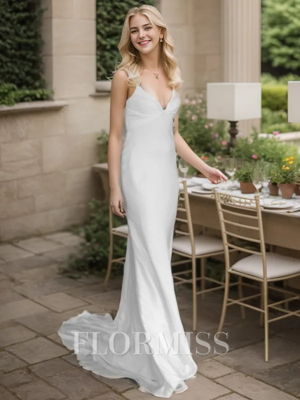 Sheath V-neck Pleated Sweep Train Charmeuse Wedding Dress