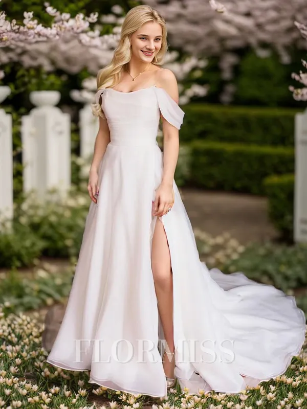A-line Off-the-Shoulder Pleated Chapel Train Organza Wedding Dress