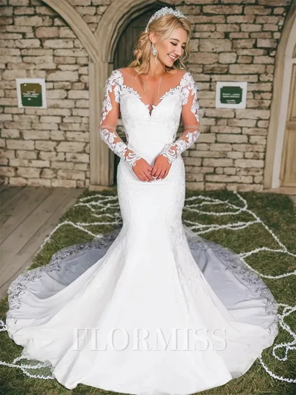 Mermaid Scoop Long Sleeves Appliques Lace Cathedral Train Stretch Crepe Wedding Dress