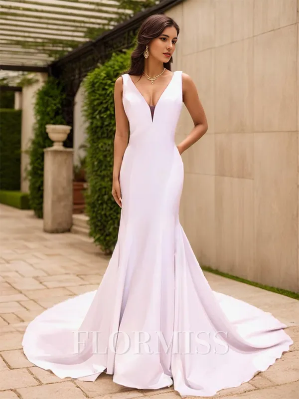 Sheath V-neck Chapel Train Stretch Crepe Wedding Dress